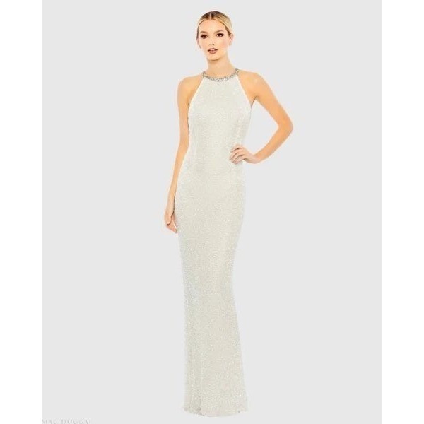 Mac Duggal White Beaded Rhinestone Halter Neck Column Gown Dress Women's Size 18